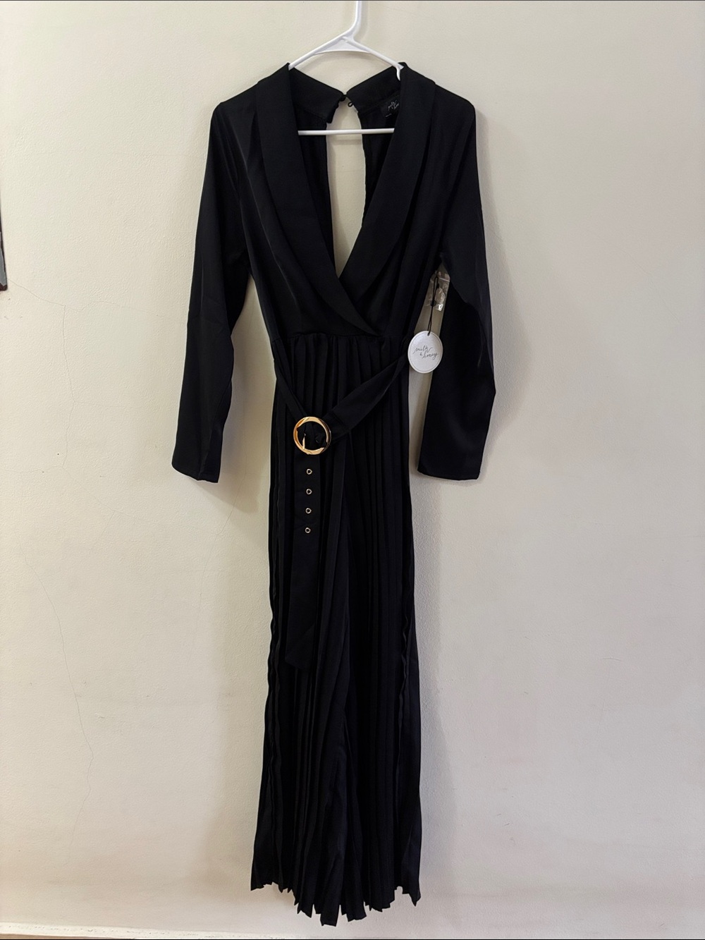 Black Long Sleeve Wrap Maxi Dress with Gold Buckle